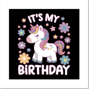 it's my birthday cute kawaii unicorn groovy flowers design for kids girl Posters and Art